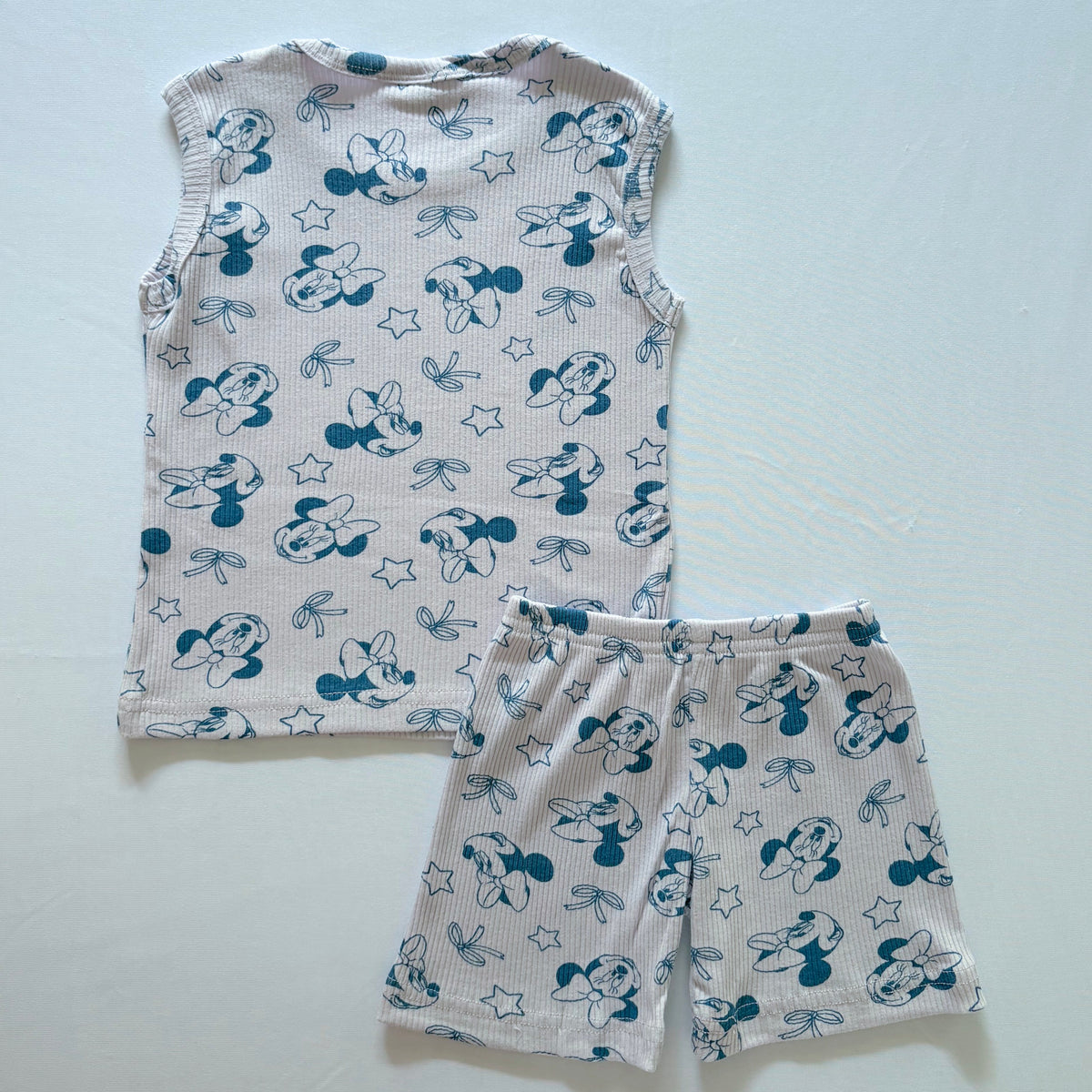 Bow & Bloom Ribbed Cotton Sleeveless Co-ord Set for kids in Lavender with Blue bow-inspired print - Back View.