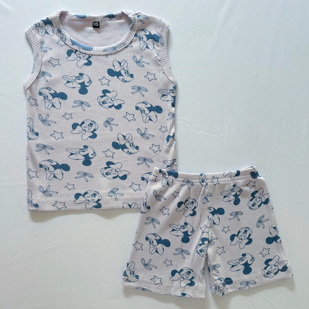 Bow & Bloom Ribbed Cotton Sleeveless Co-ord Set for kids in Lavender with Blue bow-inspired print - Front View.
