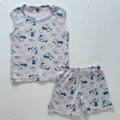 Bow & Bloom Ribbed Cotton Sleeveless Co-ord Set for kids in Lavender with Blue bow-inspired print - Front View.
