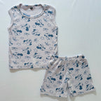 Bow & Bloom Ribbed Cotton Sleeveless Co-ord Set for kids in Lavender with Blue bow-inspired print - Front View.
