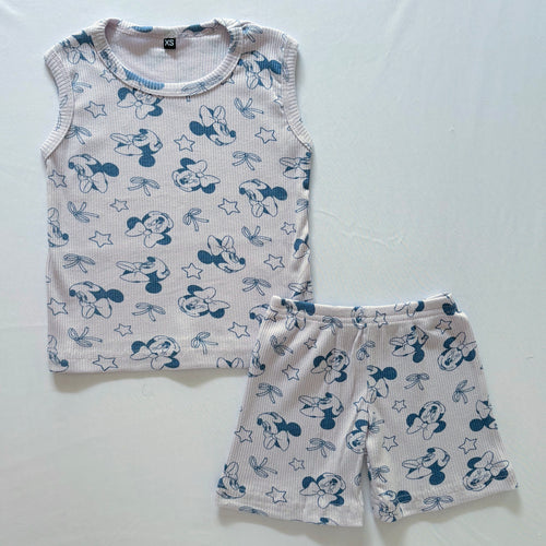 Bow & Bloom Ribbed Cotton Sleeveless Co-ord Set for kids in Lavender with Blue bow-inspired print - Front View.
