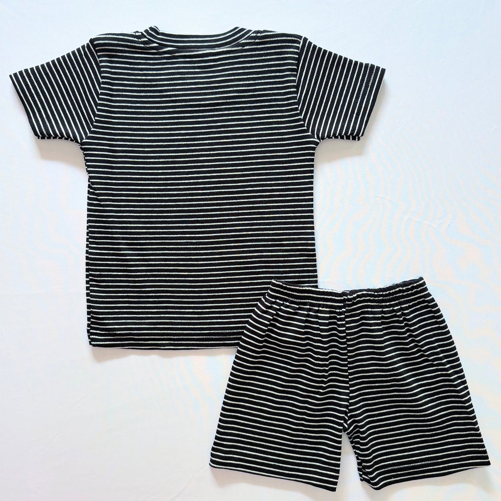 Classic Stripes ribbed cotton co-ord set for kids in black with white horizontal stripes - Back View.