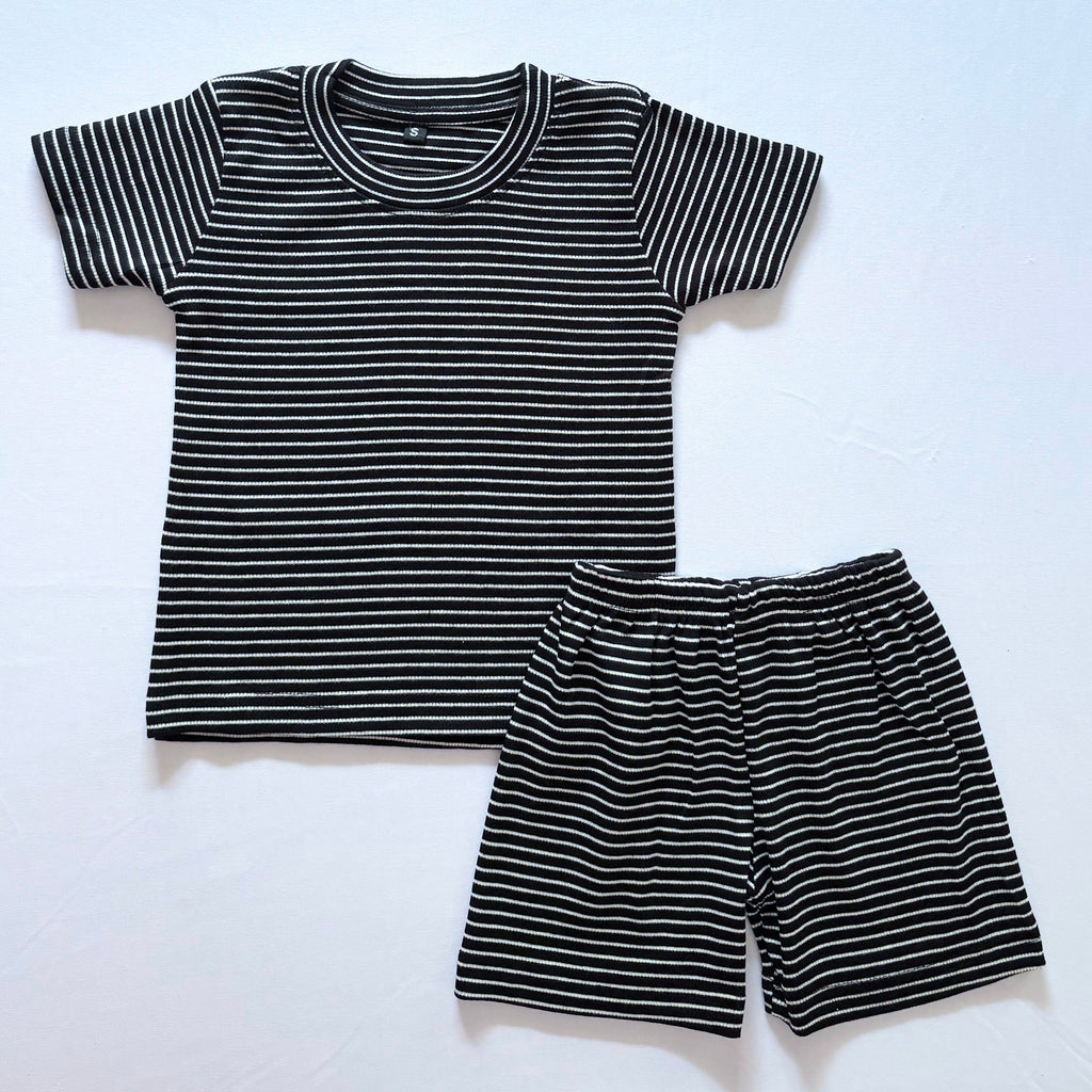 Classic Stripes ribbed cotton co-ord set for kids in black with white horizontal stripes - Front View.