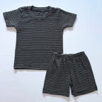 Classic Stripes ribbed cotton co-ord set for kids in black with white horizontal stripes - Front View.