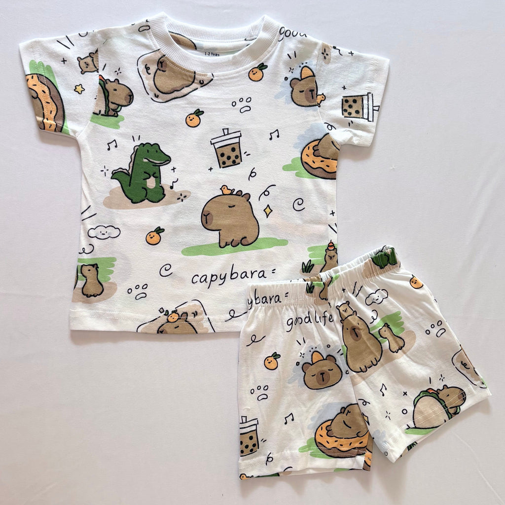 Cozy Capybara Cotton Co-ord Set for kids in White with Capybara, Dinosaur, Bubble Tea and Orange print - Front View.