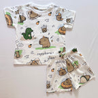 Cozy Capybara Cotton Co-ord Set for kids in White with Capybara, Dinosaur, Bubble Tea and Orange print - Front View.