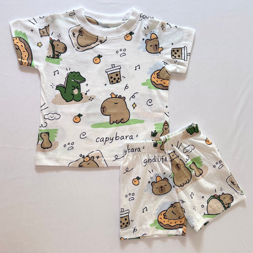 Cozy Capybara Cotton Co-ord Set for kids in White with Capybara, Dinosaur, Bubble Tea and Orange print - Front View.