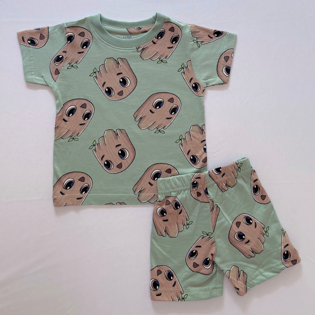 Forest Buddy Cotton Co-ord Set for kids in Mint Green with cute tree character print - Front View.