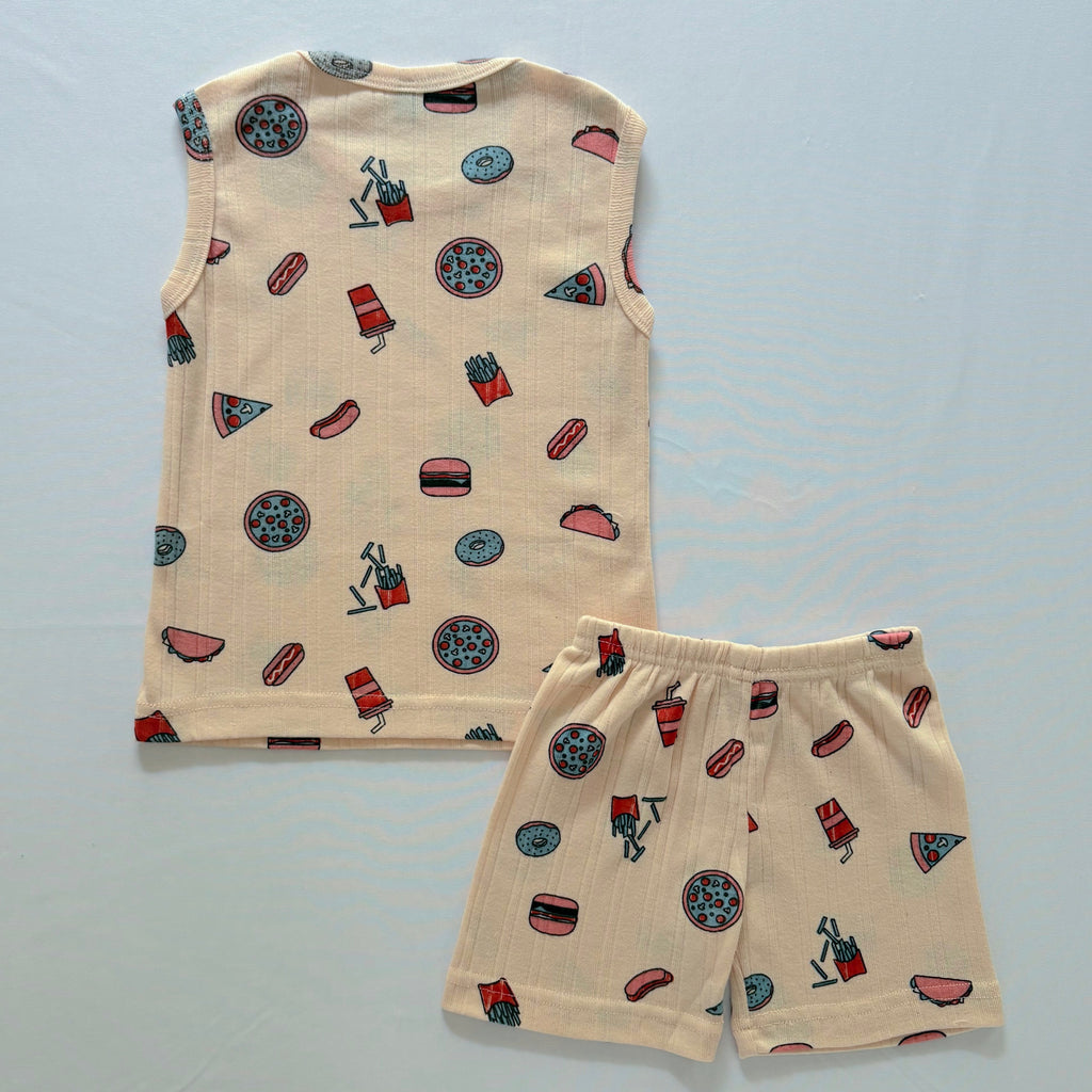 Happy Bites Ribbed Cotton Sleeveless Co-ord Set for kids in Beige with colourful food-inspired prints - Back View.