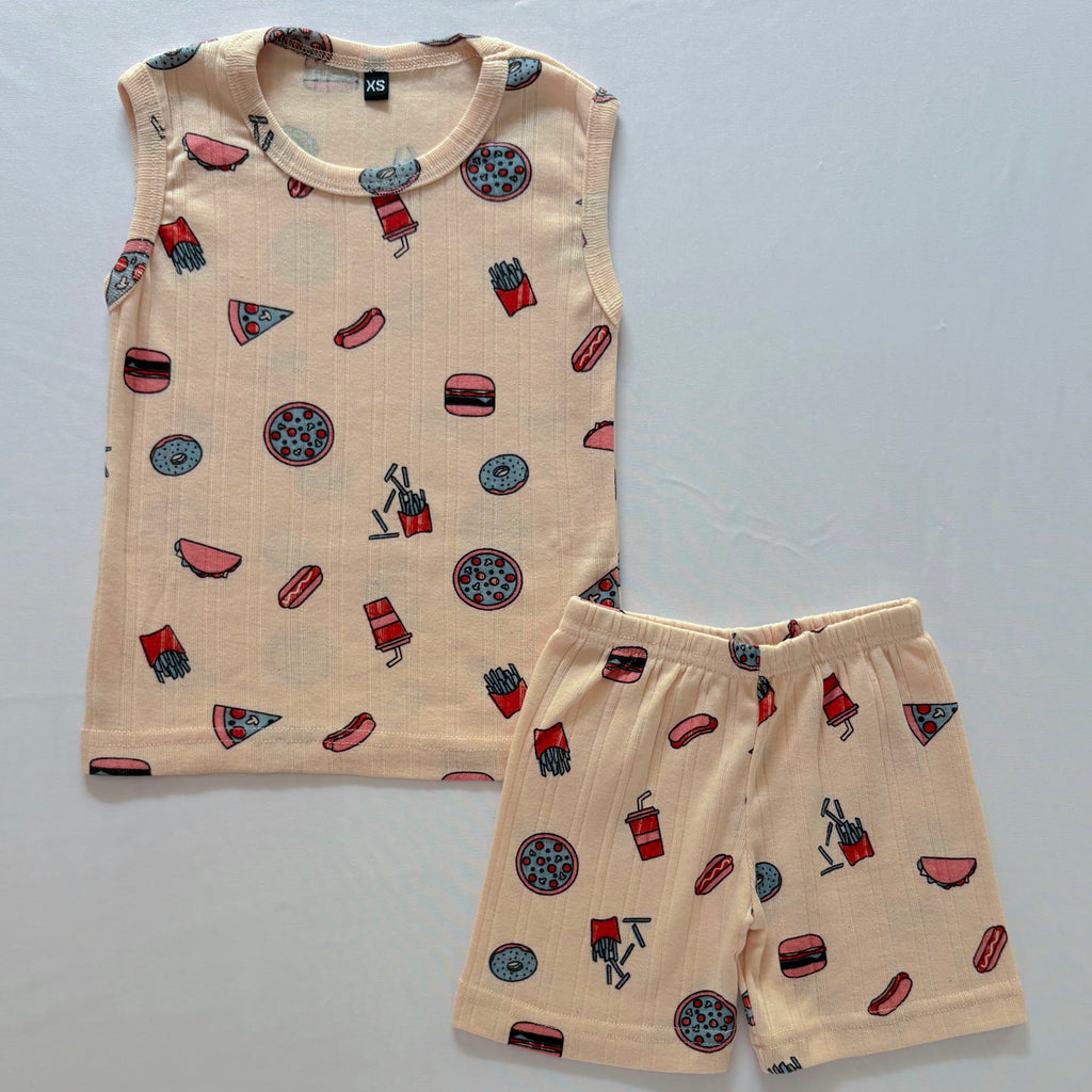 Happy Bites Ribbed Cotton Sleeveless Co-ord Set for kids in Beige with colourful food-inspired prints - Front View.
