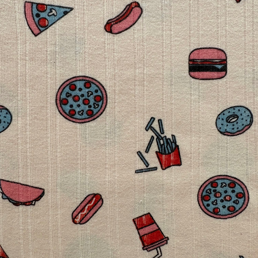 Close-up of the colourful food-inspired print on the Happy Bites Ribbed Cotton Sleeveless Co-ord Set.