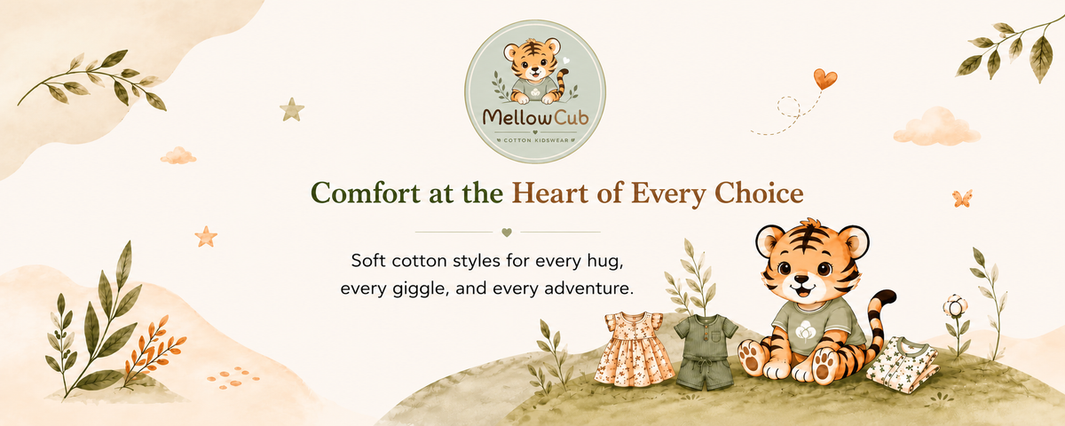 A promotional banner for MellowCub kids apparel featuring a cute cartoon tiger cub sitting on a hill wearing a green outfit, with soft pastel illustrations of leaves, clouds, and stars on a cream background. Text reads 'Comfort at the Heart of Every Choice' and 'Soft cotton styles for every hug, every giggle, and every adventure'.