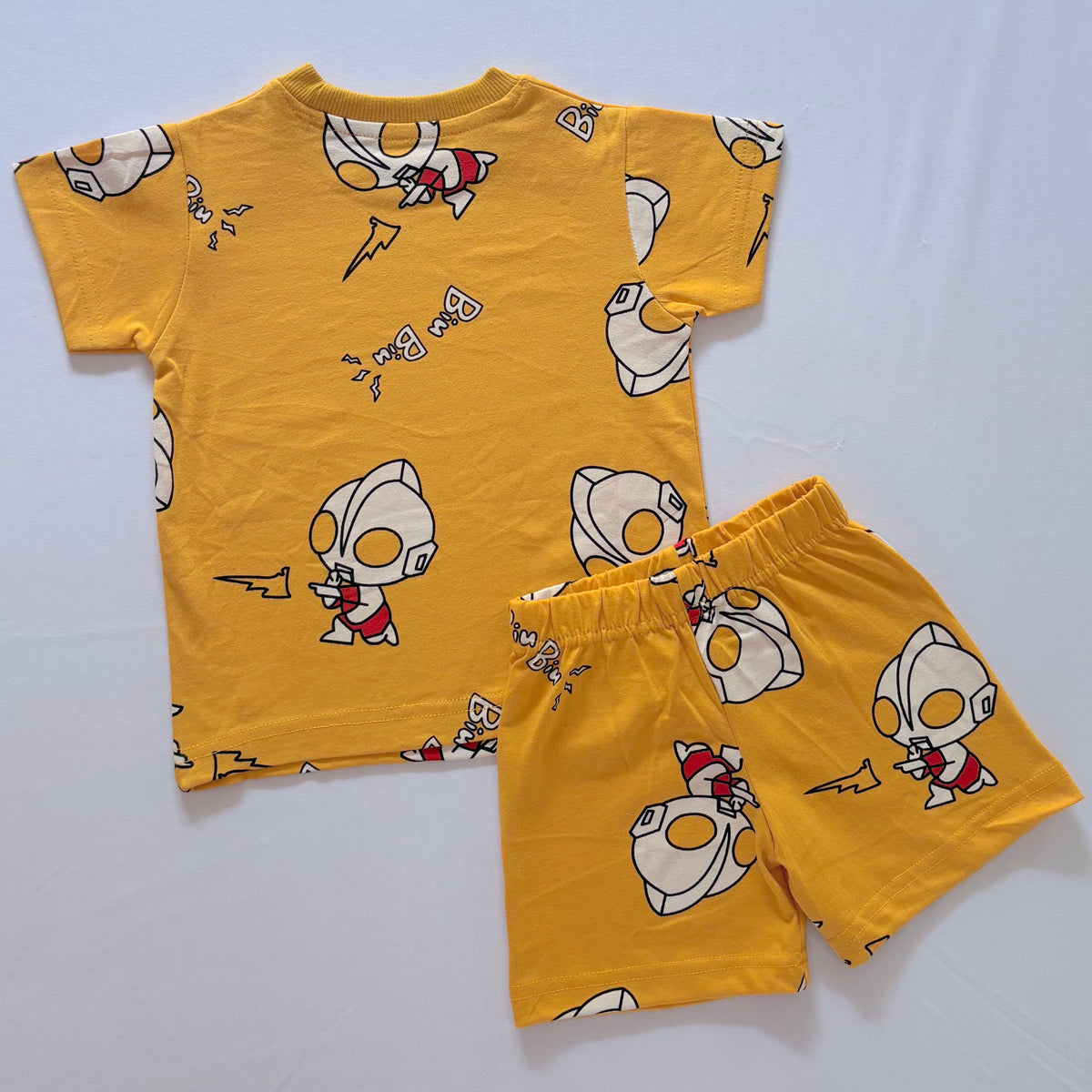 Hero Squad Cotton Co-ord Set for kids in Mustard Yellow with Superhero Character Print - Back View.