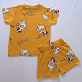 Hero Squad Cotton Co-ord Set for kids in Mustard Yellow with Superhero Character Print - Front View.