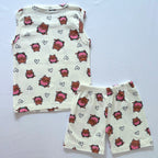 Melon Mews Ribbed Cotton Sleeveless Co-ord Set for kids in white with cute kitten and heart print - Back View.