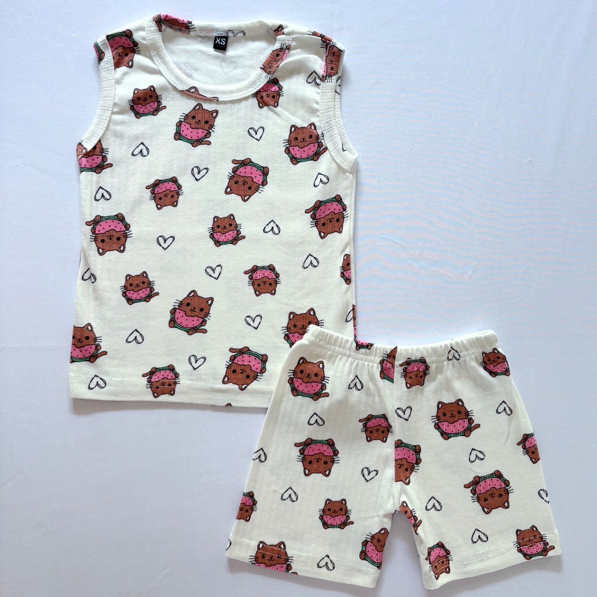 Melon Mews Ribbed Cotton Sleeveless Co-ord Set for kids in white with cute kitten and heart print - Front View.