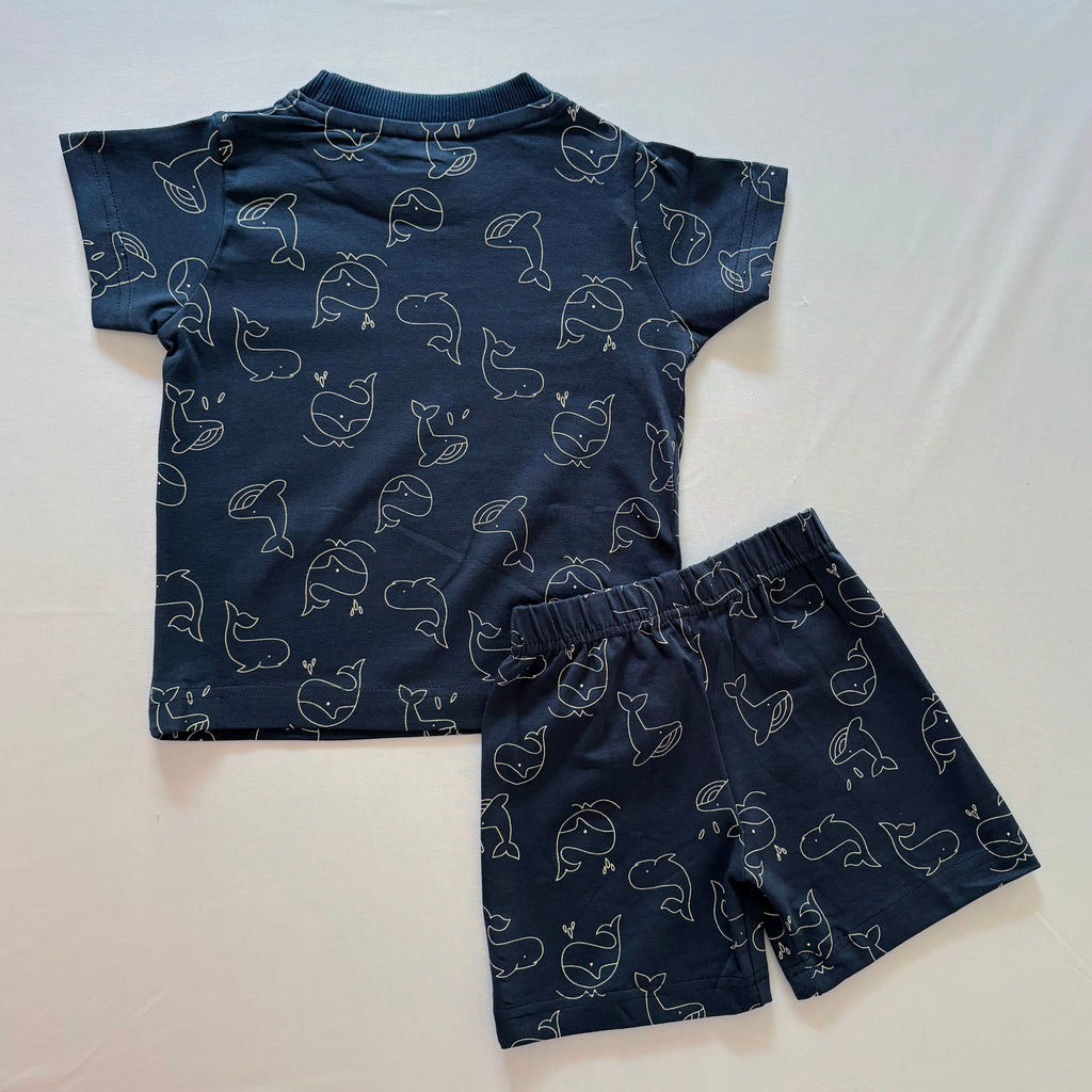 Ocean Whispers Cotton Co-ord Set for kids in Navy Blue with whale print - Back View.