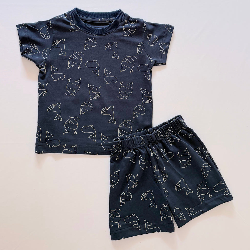 Ocean Whispers Cotton Co-ord Set for kids in Navy Blue with whale print - Front View.