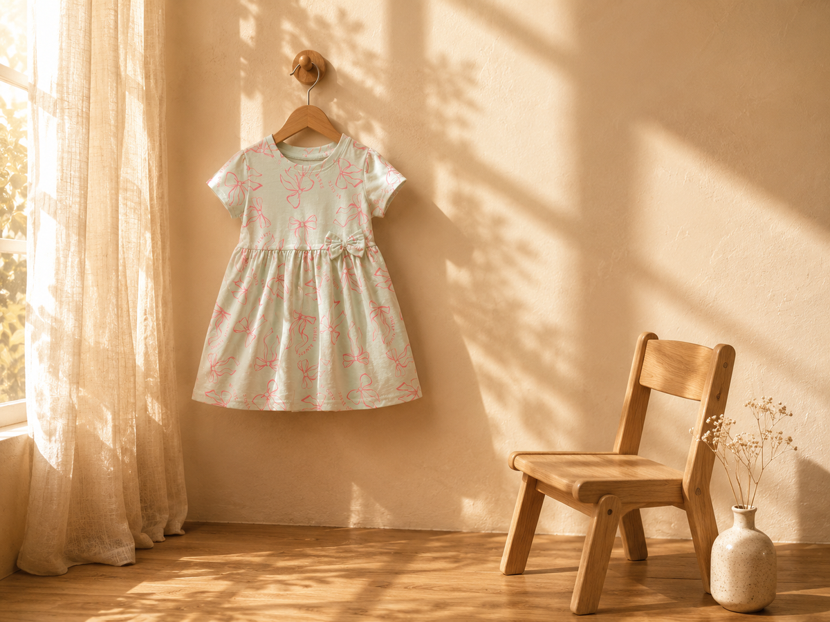 A short-sleeve baby frock with a pink bow print on a pale mint green background hangs on a wooden hanger from a wall hook in a sunlit room. A small wooden chair and a ceramic vase with dried stems sit on the floor nearby, with warm sunlight and leaf shadows cast across the wall.