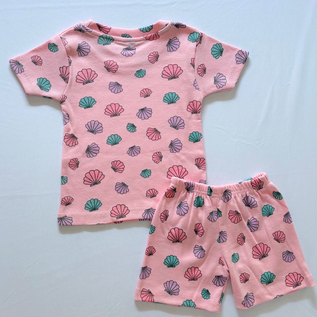 Shell Treasures Ribbed Cotton Co-ord Set for kids in peach with colourful Shell prints - Back View.