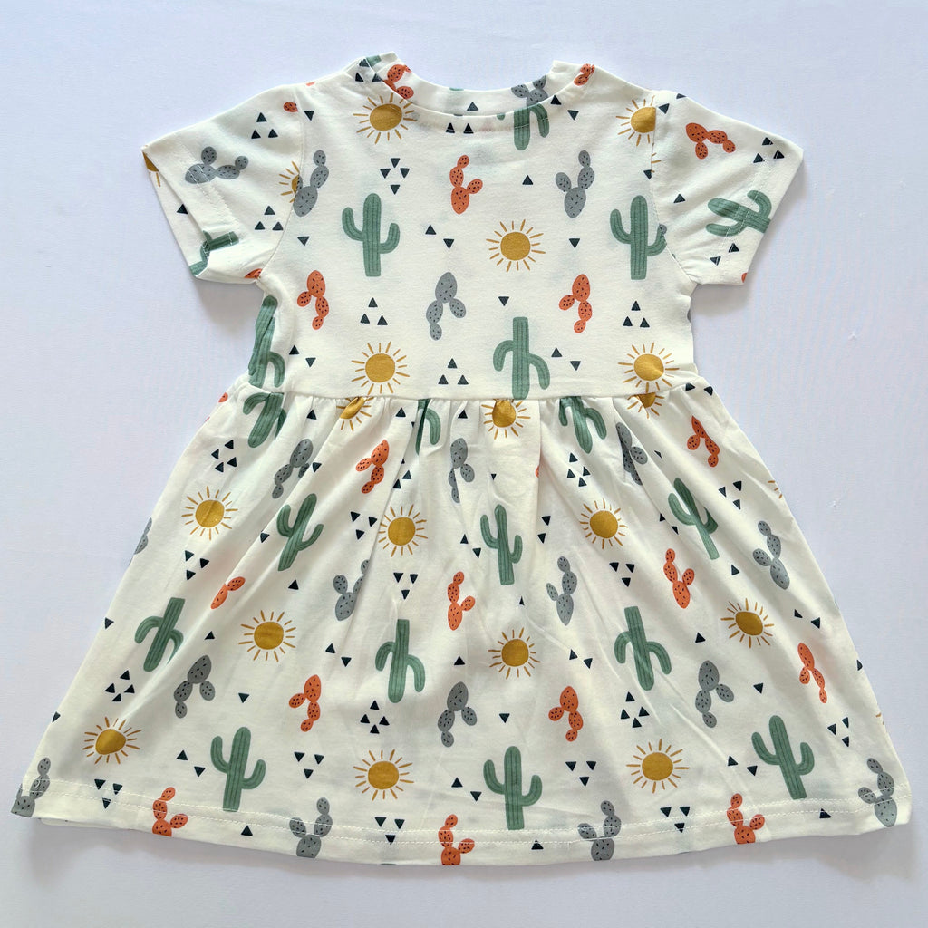 Sunny Cactus Cotton Frock for Girls in White with Cactus and Sun print - Back View.