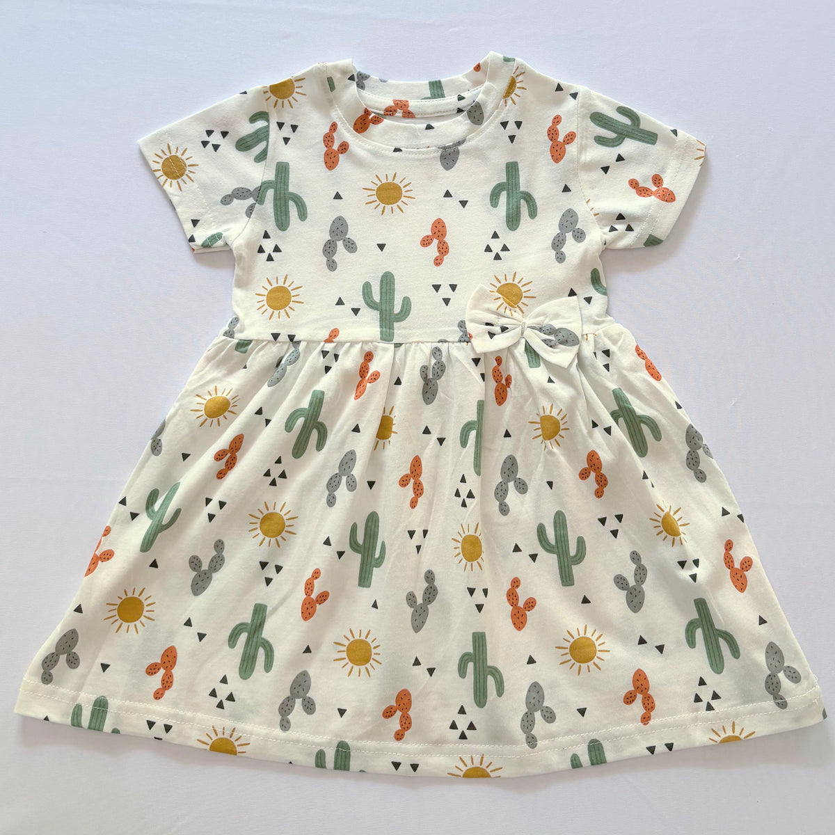 Sunny Cactus Cotton Frock for Girls in White with Cactus and Sun print - Front View.