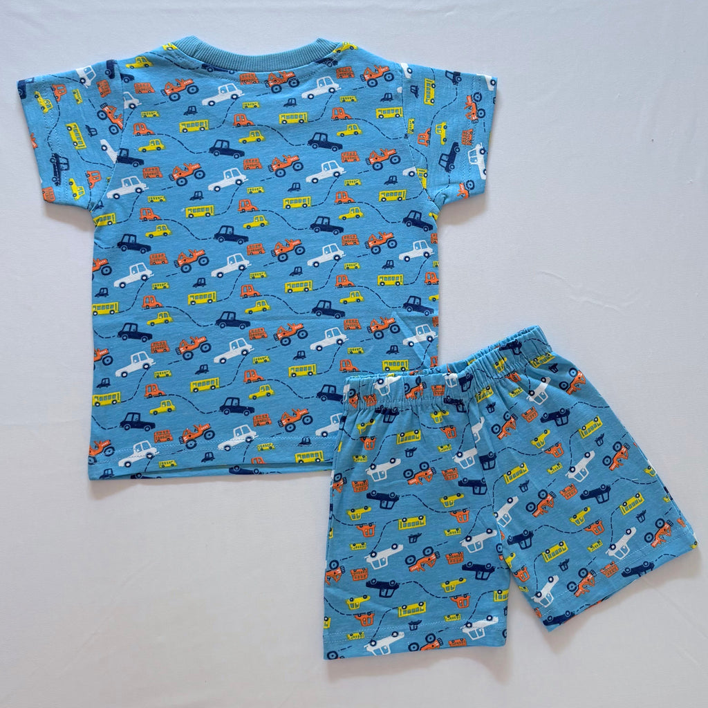 Tiny Travels Cotton Co-ord Set for kids in Light Blue with cars, trucks and bus print - Back View.