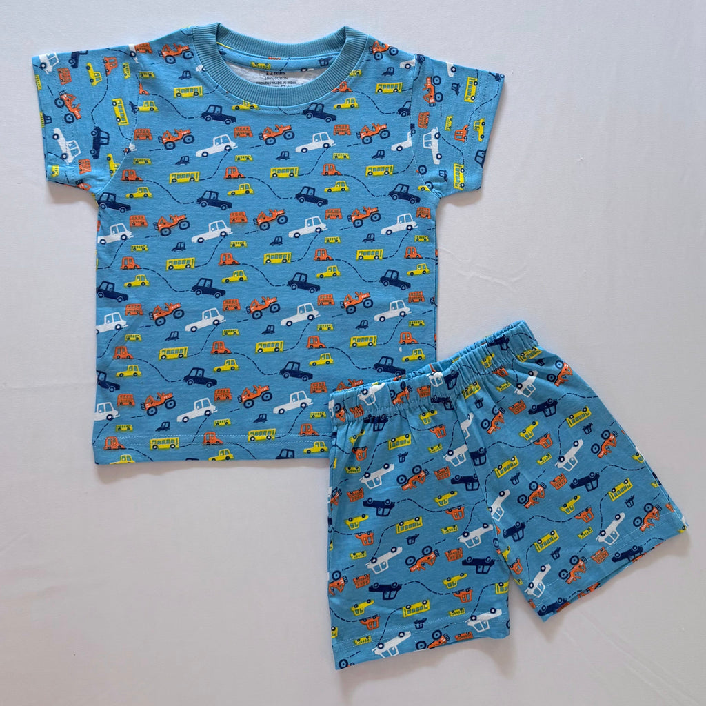 Tiny Travels Cotton Co-ord Set for kids in Light Blue with cars, trucks and bus print - Front View.
