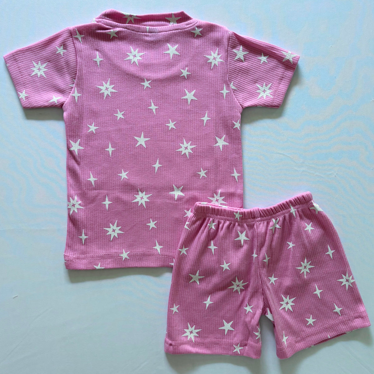 Twinkle Tales Ribbed Cotton Co-ord Set for kids in pink with white star print - Back View.
