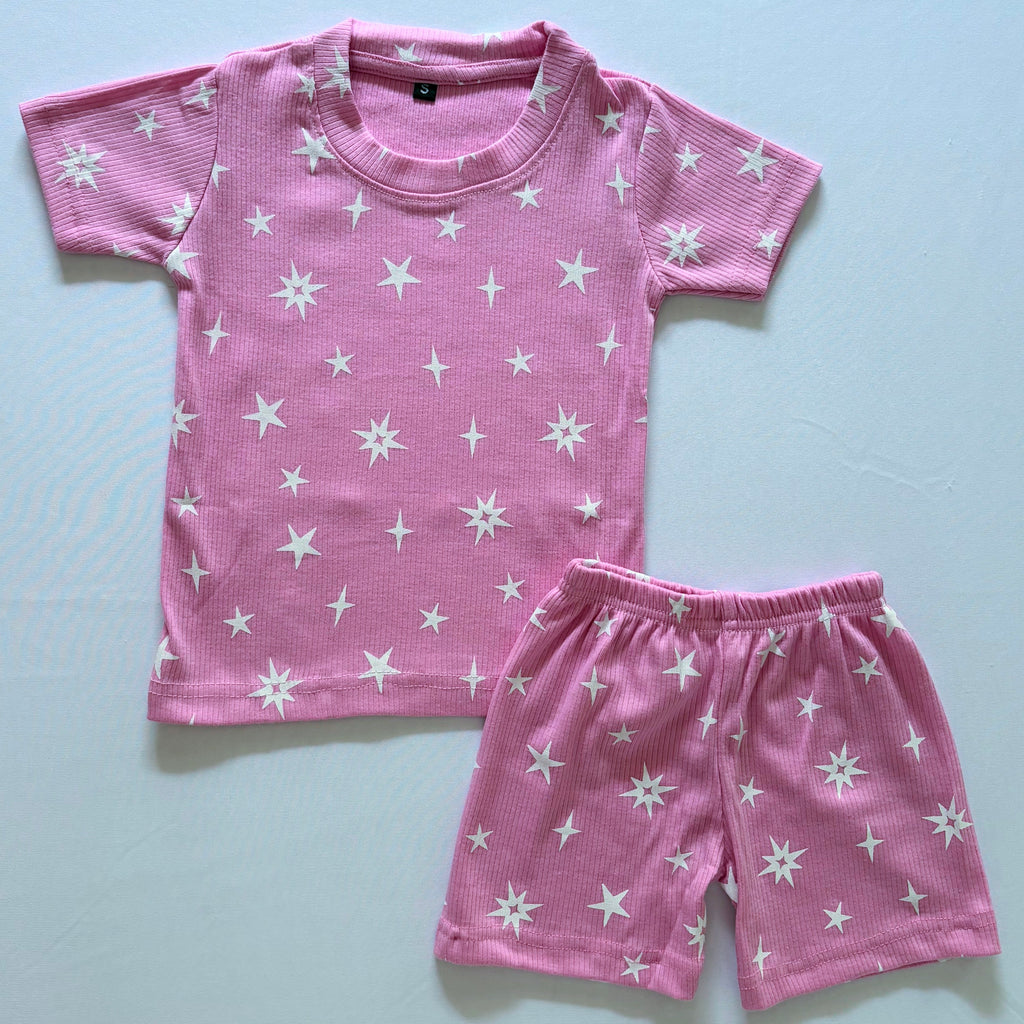 Twinkle Tales Ribbed Cotton Co-ord Set for kids in pink with white star print - Front View.