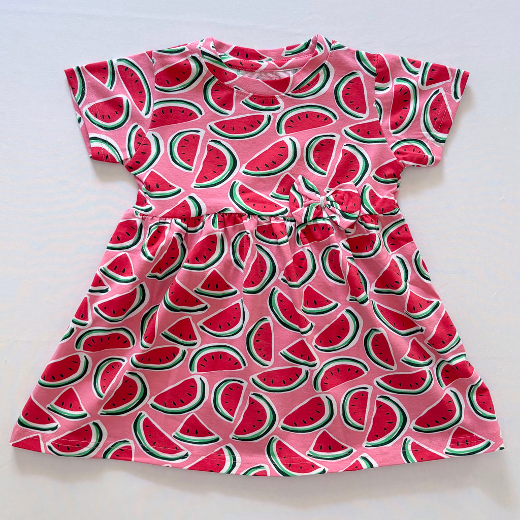 Watermelon Splash Cotton Frock for Girls in Pink with Watermelon Print - Front View